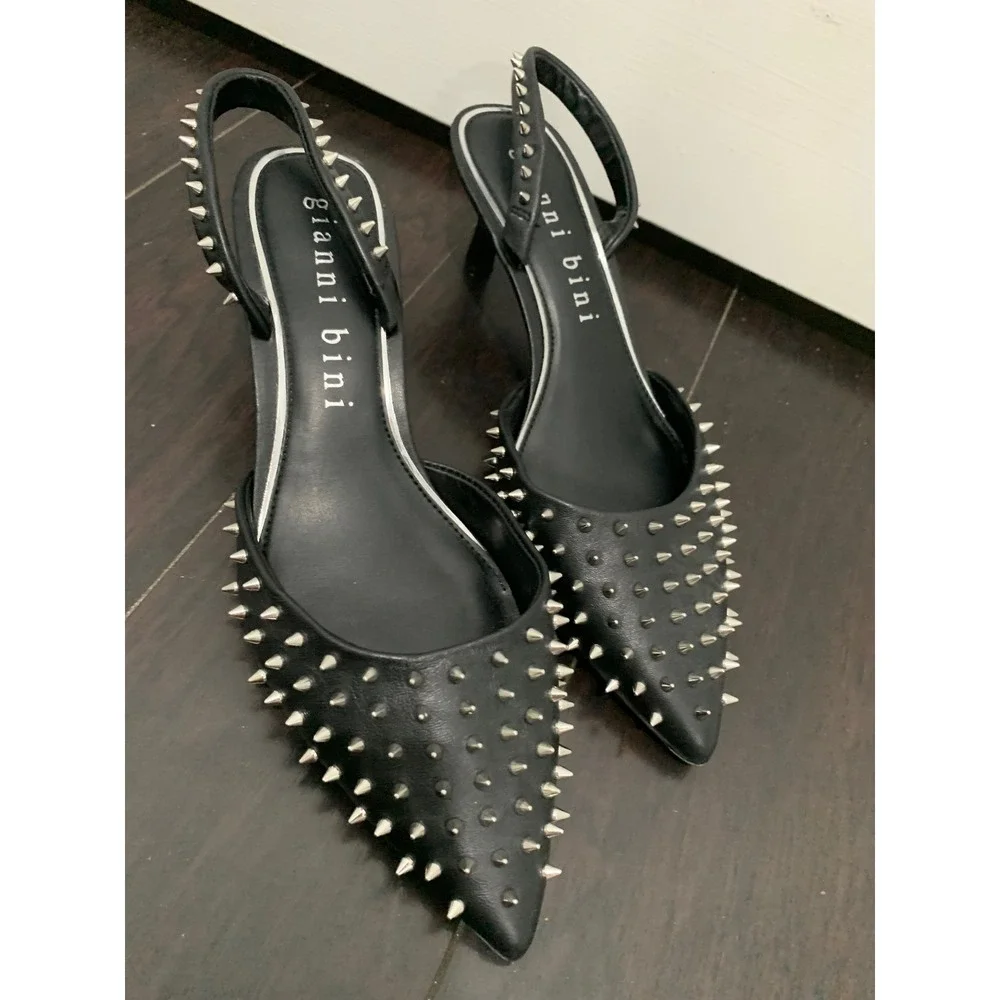 Gianni Bini Black Studded Slingback Pumps Kitten Heels Pointed Toe 7M